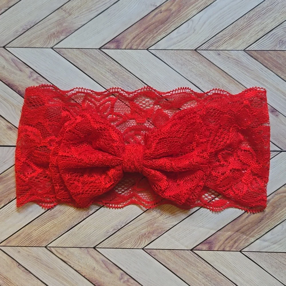 Set of 2 Wide Lace Bow Headbands Orange & Red Stretch Hairband Handmade Bundle